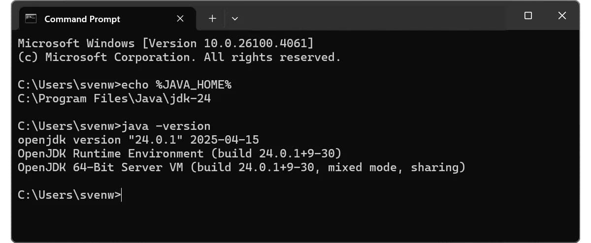 Терминал с результатом команды java -version, показывает Java 21