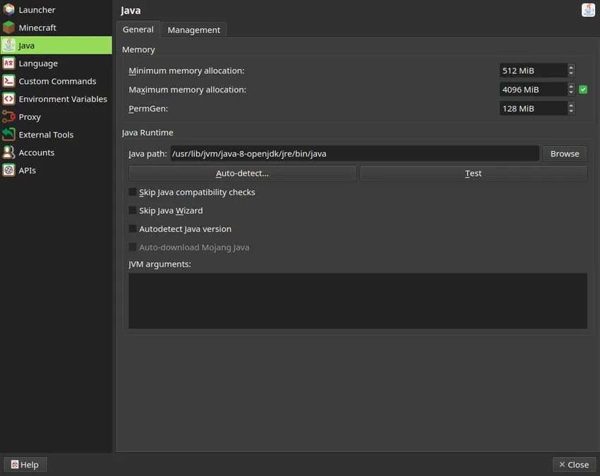 Общий вид раздела Java Settings в Prism Launcher с JVM-аргументами